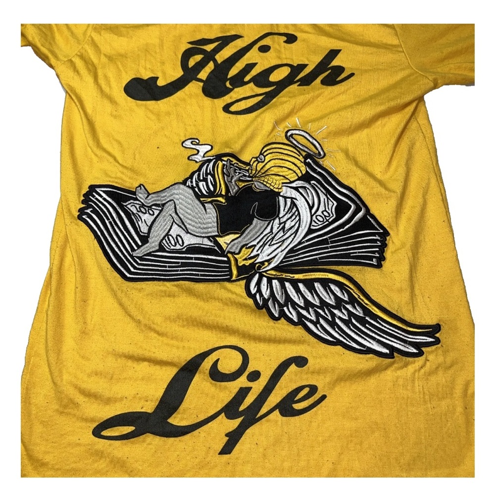 Retro playa HIGH LIFE hip hop yellow T Shirt Pot Smoker Money Angel Wings rapper